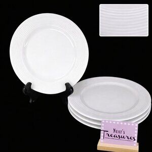 Gibson PROSPECT PARK White Embossed Rings Oven Safe Stoneware Salad Plates Set 4